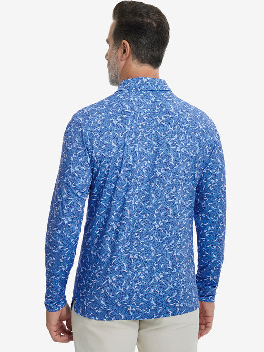 Back upper body view of the lightweight print polo in line animal, model turns slightly with relaxed pose.