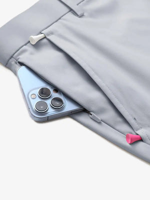 MAELREG Glacier Grey golf shorts – pocket detail with iPhone, 9 Inch