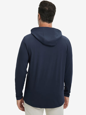 Back upper body view of the dry fit stretchy hoodie in navy, simple cut and relaxed posture.
