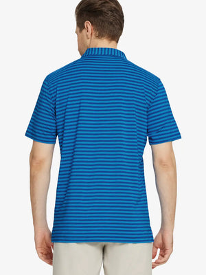 Back half-body view showing the classic stripe design of the Dark Blue Yarn Dyed Stripe Polo