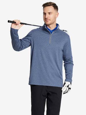 Half-body front shot, model holding golf club in NAVY MELANGE Moisture Wicking Quarter Zip Pullover.