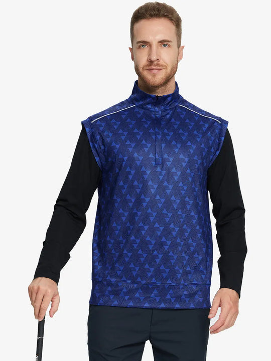 Half-body front view of model holding golf club wearing MARINA BLUE GEO Stretch Solid Fleece Quarter-Zip Vest.								
