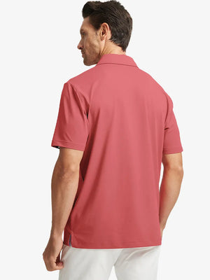 Back half-body view of model in CRANBERRY Stylish Chest Print Snap Polo