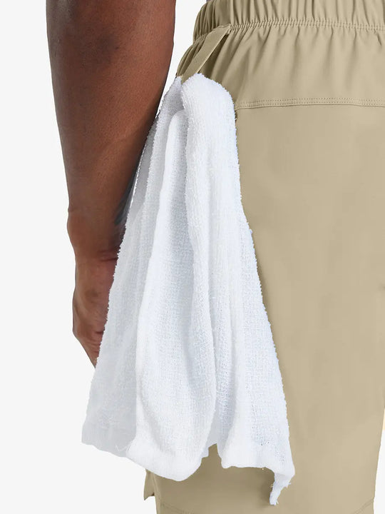 Side view showing towel loop detail on KHAKI 2 in 1 Running Sports Shorts with Liner.