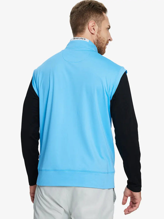 Back half-body view of model in AQUARIUS Stretch Solid Fleece Quarter-Zip Vest.								
