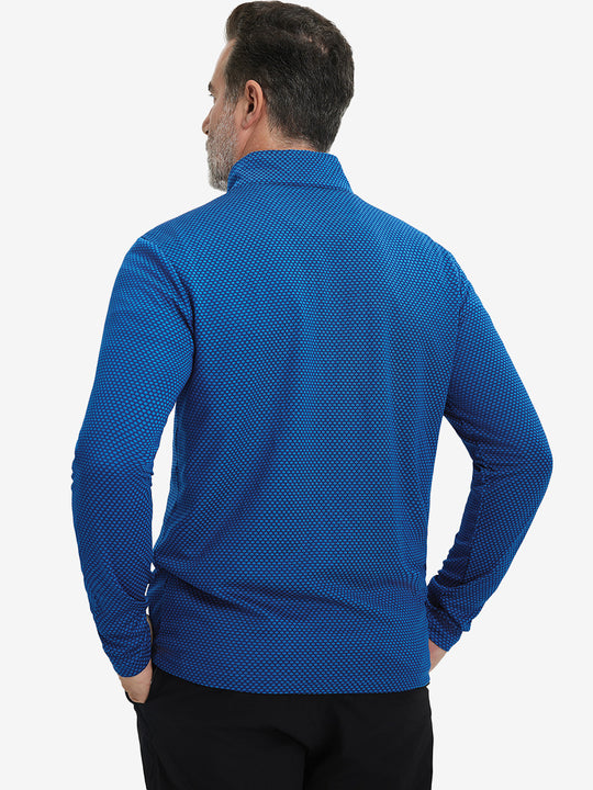 Back upper view of model wearing jacquard quarter zip pullover in cobalt, showing clean seam lines.