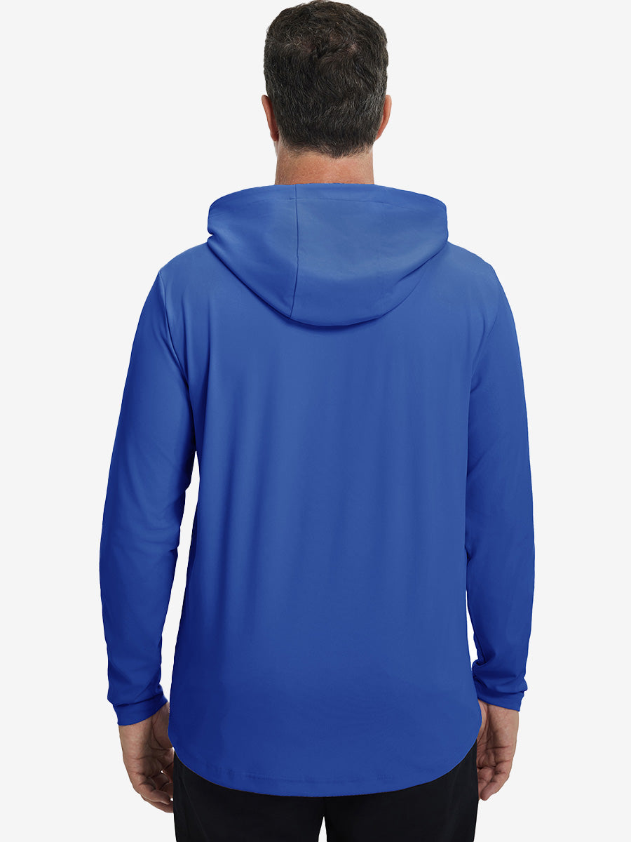 Back upper body view of the dry fit stretchy hoodie in klein blue, simple cut and relaxed posture.