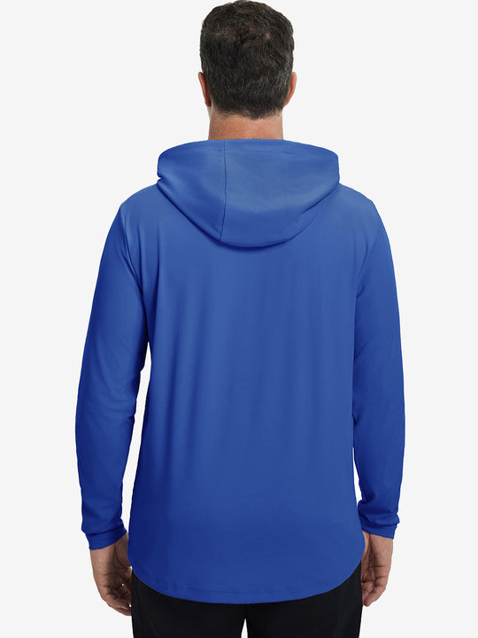 Back upper body view of the dry fit stretchy hoodie in klein blue, simple cut and relaxed posture.