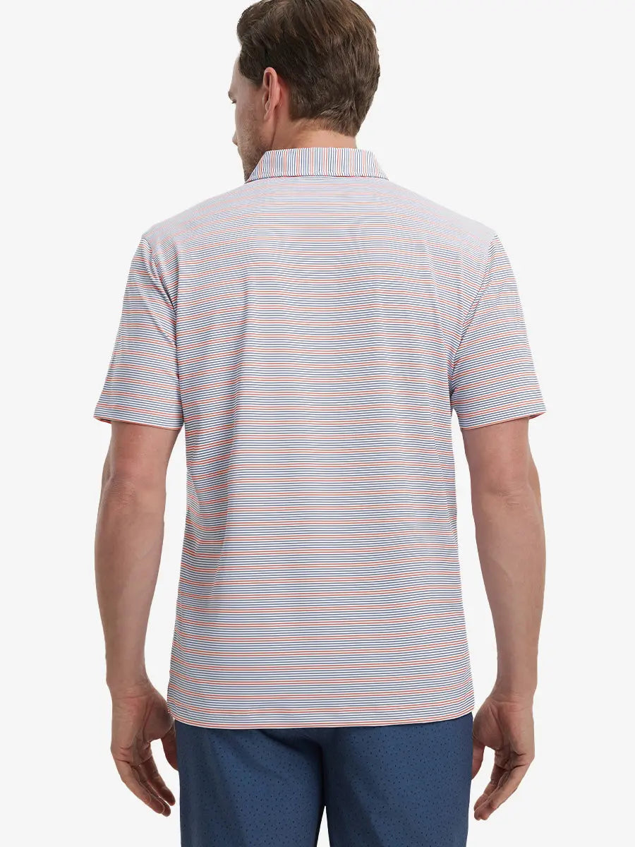 Back view of model in Navy Red Stripe Performance Stripe Golf Shirt