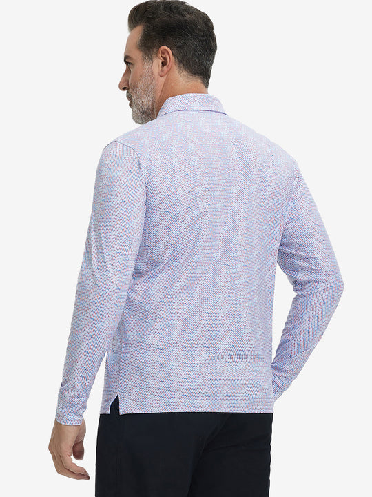 Back upper body view of the lightweight print polo in colourful hexagon, model turns slightly with relaxed pose.
