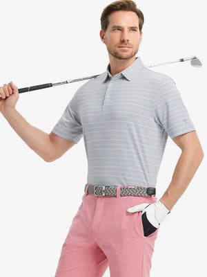 Model in LIGHT GREY STRIPE Golf Polo holding club — dynamic front half-body pose