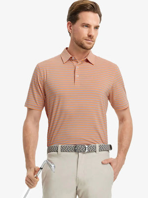 Model with golf club in ORANGE/CAROLINA BLUE STRIPE Polo, bright and bold