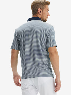 Back half-body of model in navy stripe upgraded two-tone striped quick dry polo shirt