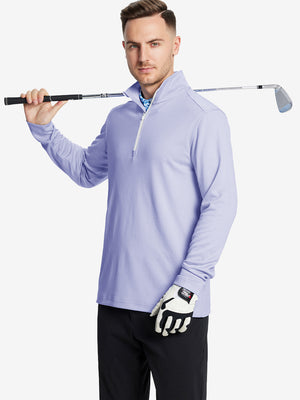 Full-body shot of model holding a golf club in light purple melange moisture wicking quarter zip pullover