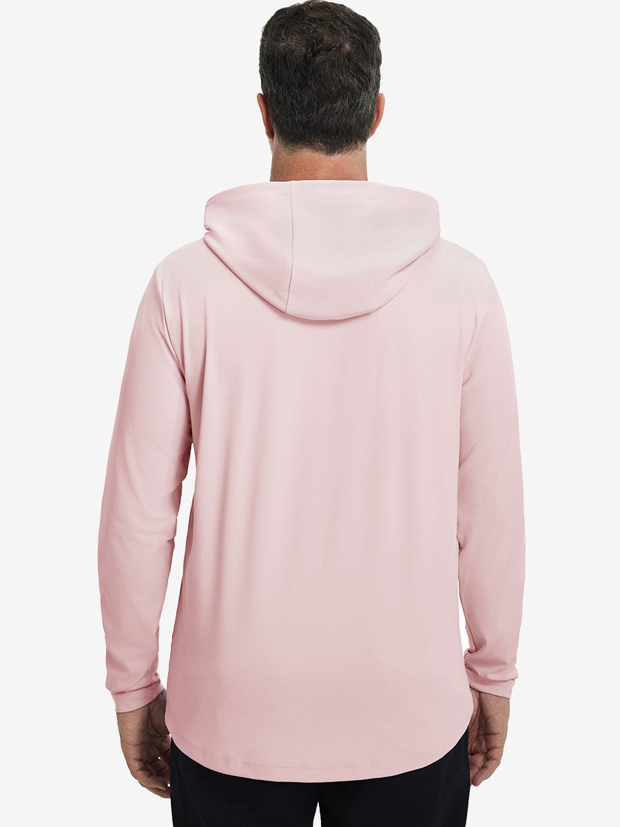 Back upper body view of the dry fit stretchy hoodie in light pink, simple cut and relaxed posture.