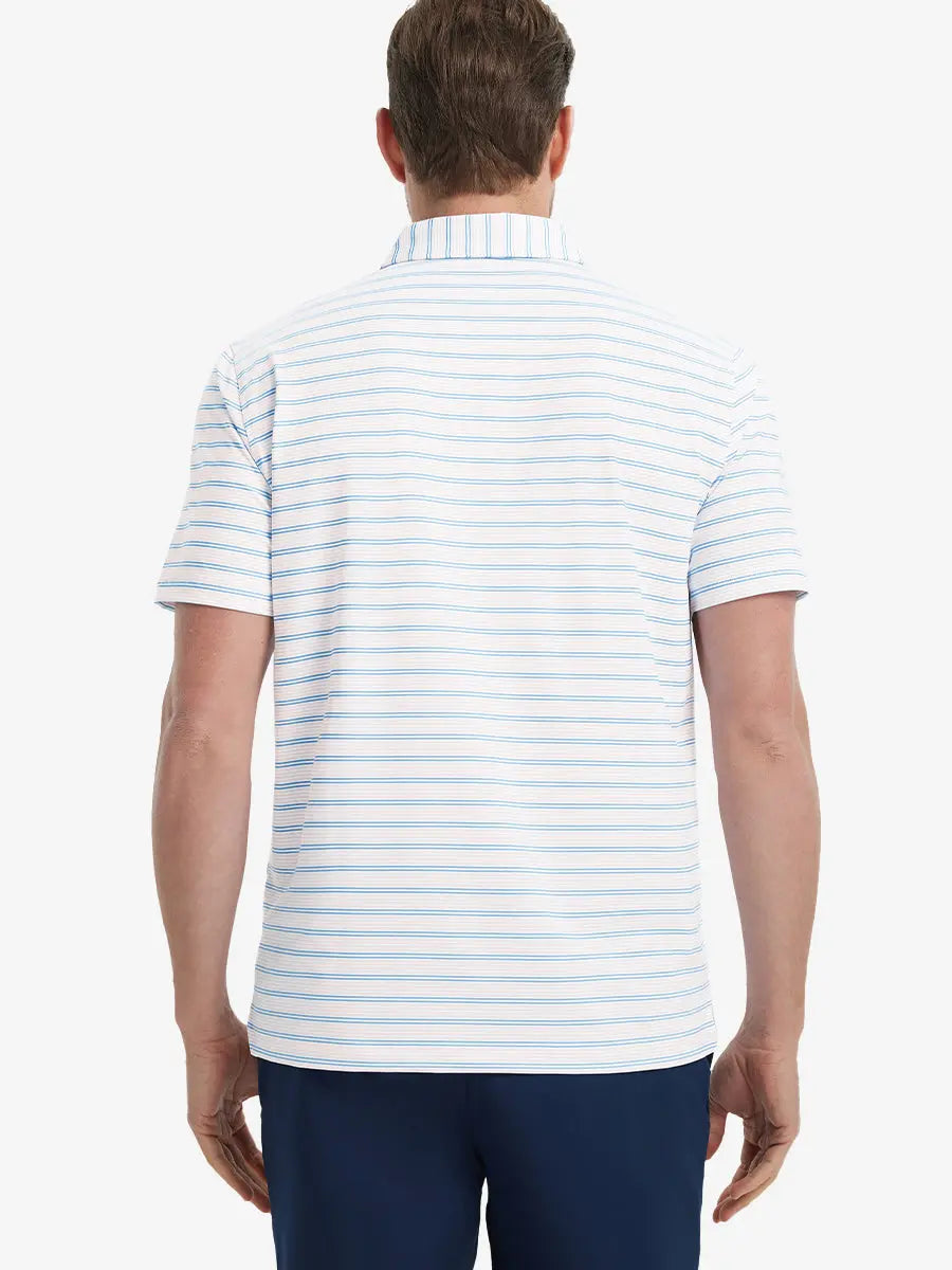Back view of model in Pink Blue Stripe Performance Stripe Golf Shirt