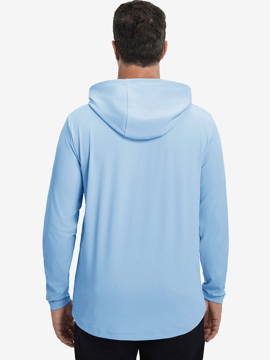 Back upper body view of the dry fit stretchy hoodie in light blue, simple cut and relaxed posture.