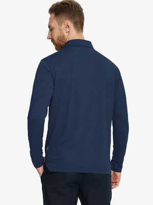 Cobalt Heather Skin-friendly Long Sleeve Melange Polo – back half-body view on model