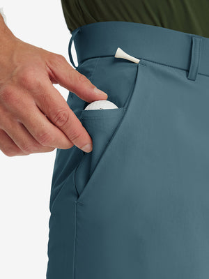 Detail shot of the side pocket on the blue stretch soft flat front dress golf shorts, showing functionality