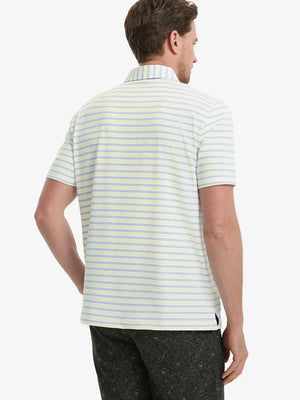 Back view of model in Yellow Bluish Violet Stripe Performance Stripe Golf Shirt