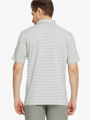 Back half-body view showcasing the clean lines of the Grey White Yarn Dyed Stripe Polo