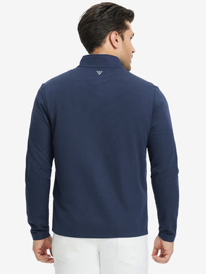 Back upper body of Premium jacquard quarter zip pullover with smooth dark blue finish
