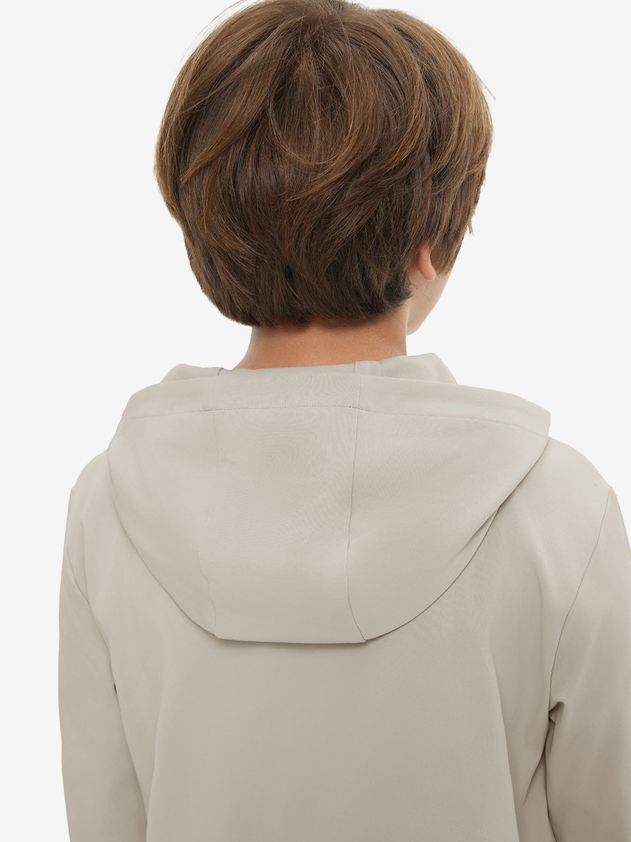 Back upper view of youth long sleeve hoodied with kangaroo pocket in khaki light, showing fit and shoulders.