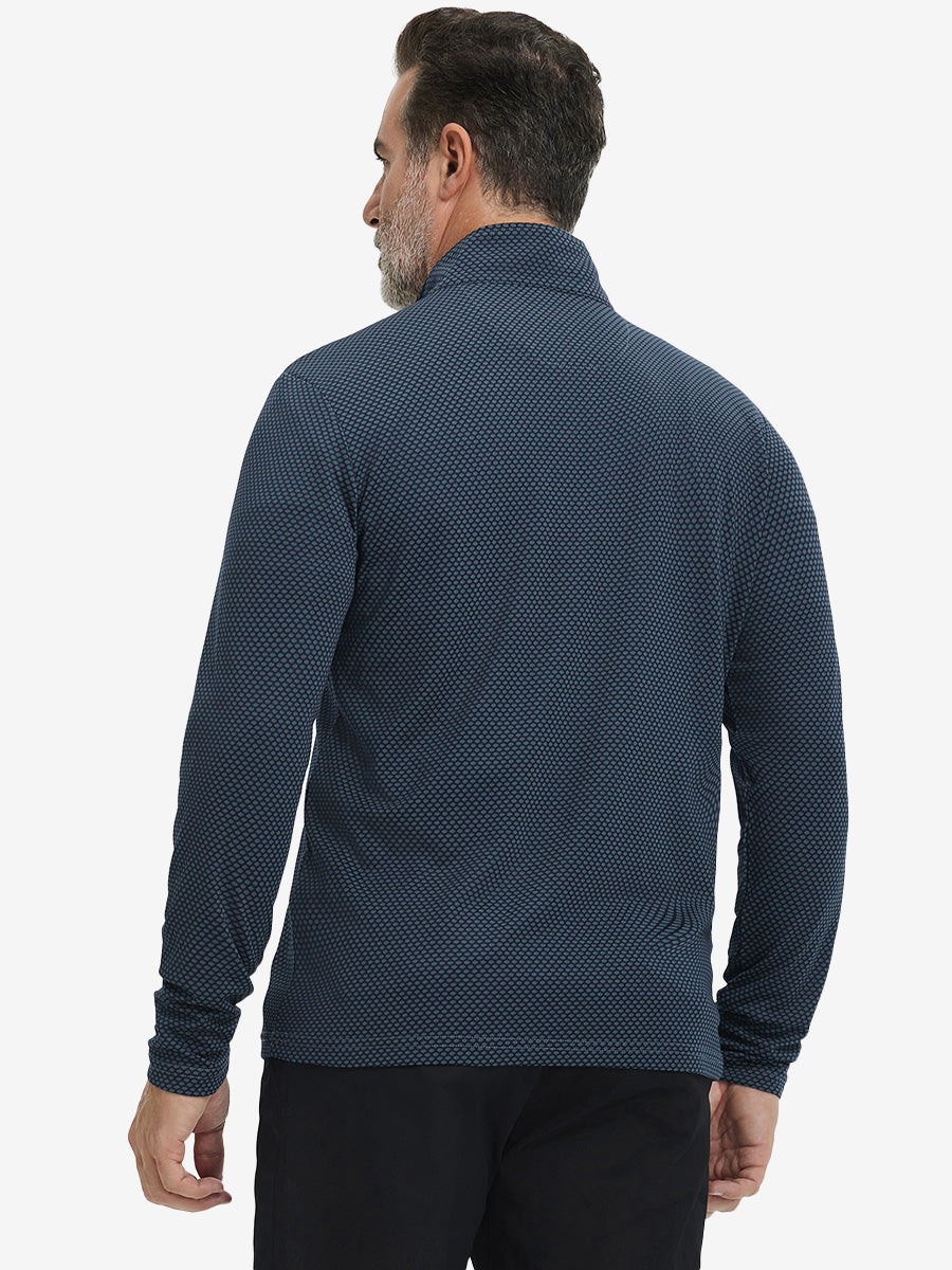 Back upper view of model wearing jacquard quarter zip pullover in grey/navy, showing clean seam lines.