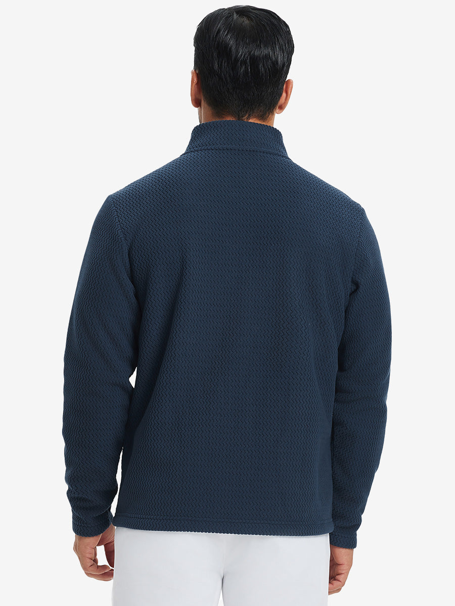 Back upper view of model in soft winter fleece jackets, showing shoulder fit and fleece texture in navy.