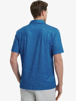 Back view of MAELREG Men's Performance Jersey Print Polo in Blue Graffiti – athletic fit