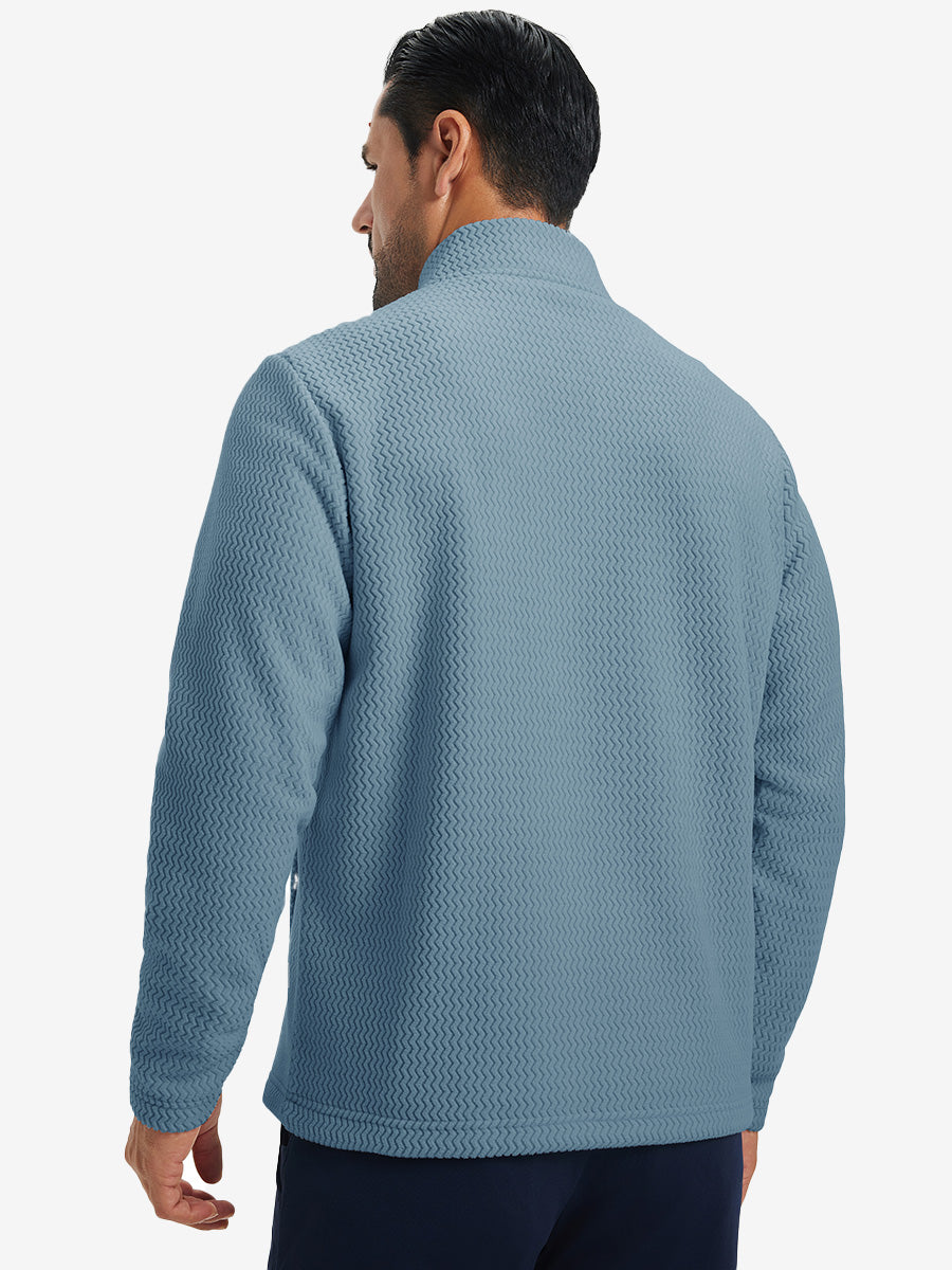 Back upper view of model in soft winter fleece jackets, showing shoulder fit and fleece texture in misty blue.