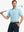 Model in ICED AQUA STRIPE Golf Polo holding club — dynamic front half-body pose