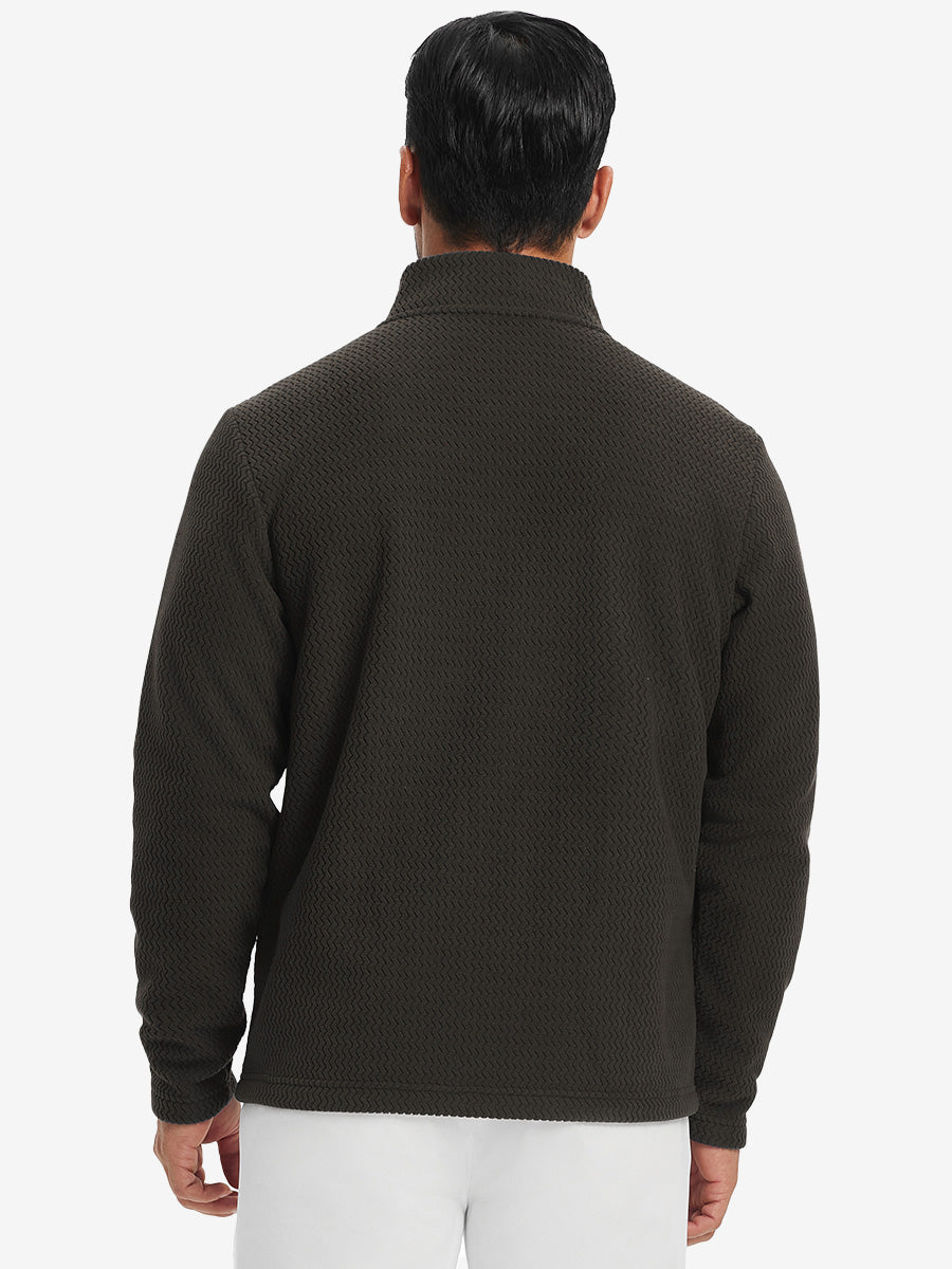 Back upper view of model in soft winter fleece jackets, showing shoulder fit and fleece texture in coffee brown.