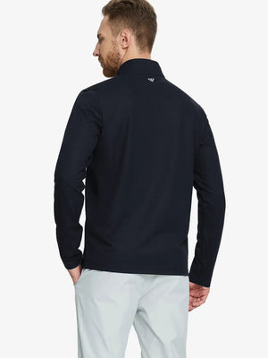 Back half-body view of model in BLACK Premium Jacquard Quarter Zip Pullover.								
