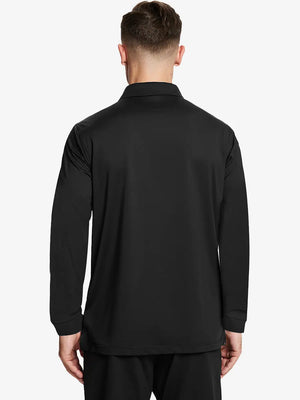 Back half-body view of model wearing BLACK Long Sleeve Solid Jersey Polo
