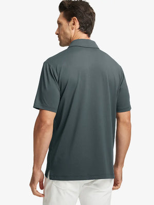 Back half-body view of model in DARK GREY Stylish Chest Print Snap Polo
