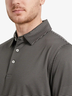Model’s front close-up from nose to chest wearing Cooling Stripe Golf Shirt in BLACK STRIPE, showing fabric texture