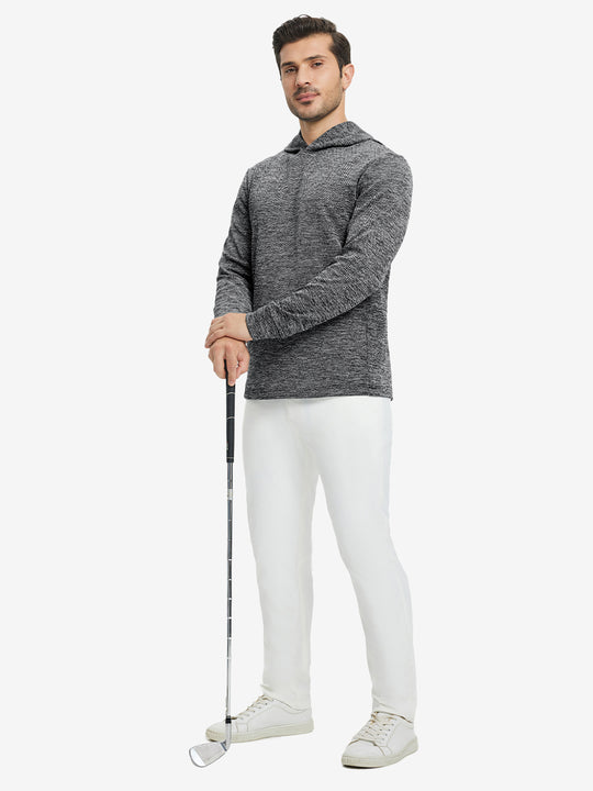Full body view of model holding golf club in texture solid hoodies pullover, sporty look, black heather.