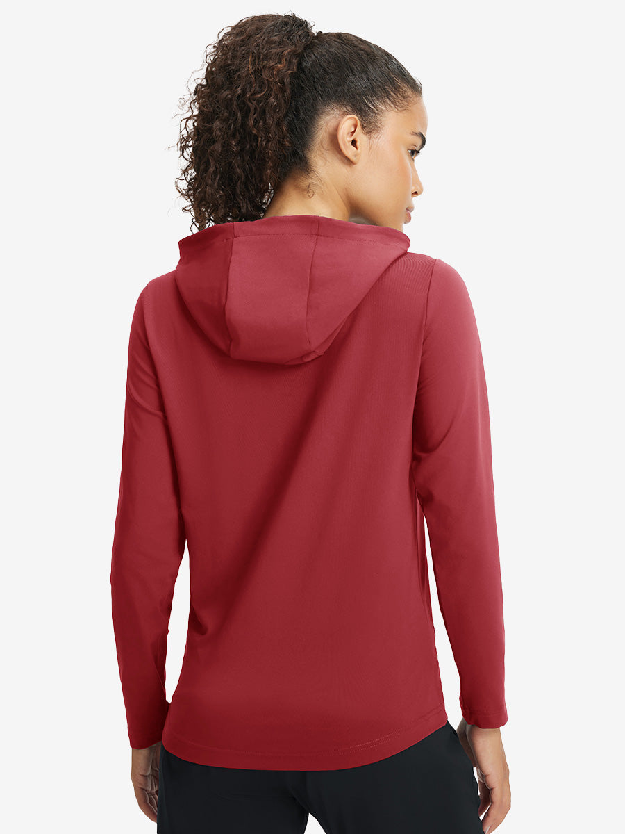 Back upper view of model in women's lightweight hoodies pullover, showing relaxed fit in red.
