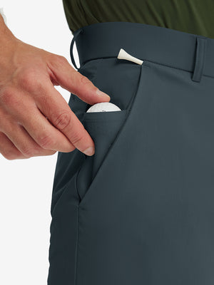 Detail shot of the side pocket on the grey blue stretch soft flat front dress golf shorts, showing functionality