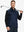 Back half-body view of model in NAVY GEO Stretch Solid Fleece Quarter-Zip Vest.								
