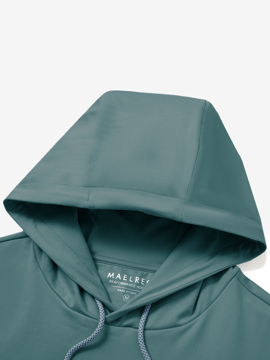 Detailed shot of hoodie and collar connection on casual solid fleece hoodies pullover in ocean green.