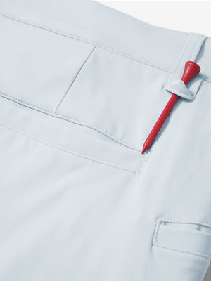 Waistband detail of soft lightweight casual golf pants with 5 pockets in misty grey, neat stitching.