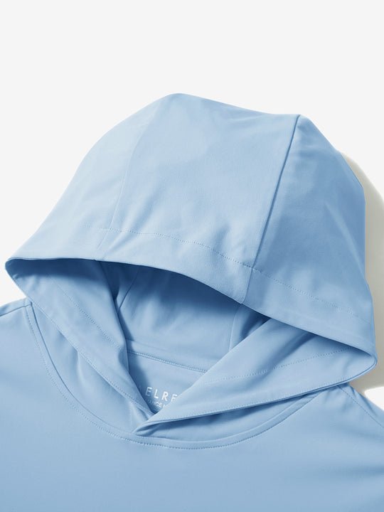 Hood detail of the light blue dry fit stretchy sweatshirts hoodie, showing smooth fabric and neat seams.