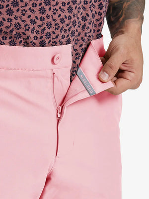 Close-up of waistband button and interior logo on PINK Water Resistant Versatile 8 Pockets Shorts.