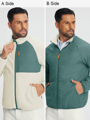 The model showcases a beige reversible fleece jacket with 5 pockets, highlighting its two-in-one reversible design.