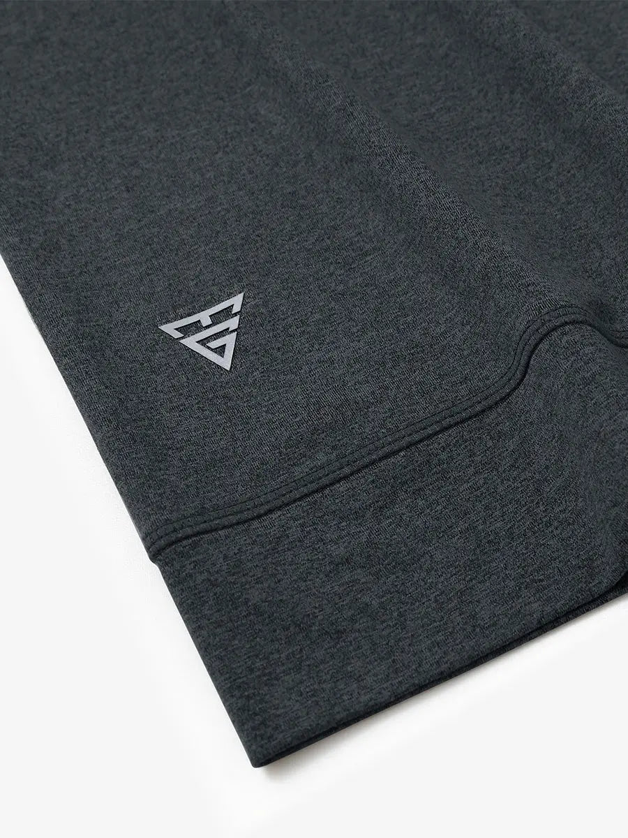 Back half-body view of model in DARK GREY HEATHER Quarter Zip Melange Pullover highlighting smooth fit.