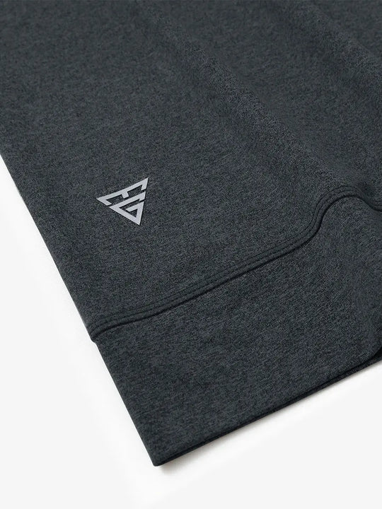 Back half-body view of model in DARK GREY HEATHER Quarter Zip Melange Pullover highlighting smooth fit.