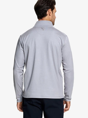 Back half-body view of model in Pinstripe Quarter Zip Pullover, showing back detail – GREY MELANGE
