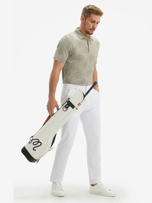 Full-body shot of model with a golf bag in kakhi flower breathable jacquard pattern 3-button golf polo